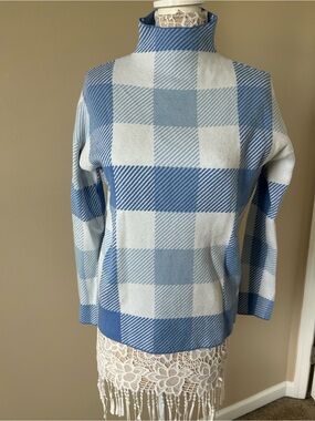 Tahari Blue and White Plaid Turtleneck Sweater